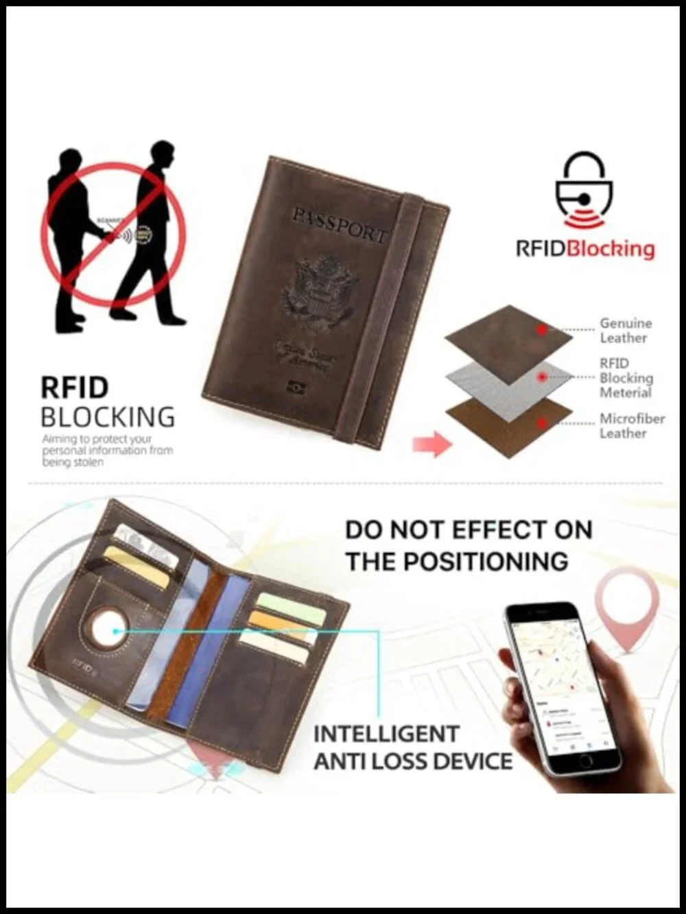 Full Grain Leather Passport Holder RFID Blocking Airtag Compatible Travel Wallet